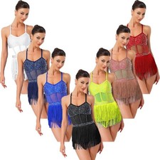 UK Women's Rhinestone Latin Tango Dance Leotard Dress Tassel Fringe Dancewear