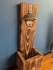 Handmade Rustic Wooden Bottle Opener Wall Mountable with Cap Catcher