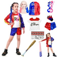 For Kids Girls Suicide Squad Harley Quinn Fancy Dress Cosplay Costume Wig Outfit