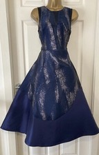 Coast Navy Blue Silver Shimmer Jacquard Fit Flare Occasion Midi Dress Size 12