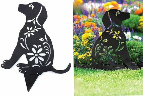 Black dog floral ornament - black,