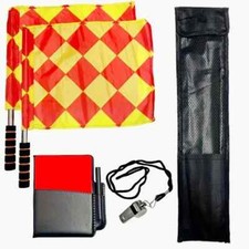 Complete Soccer Referee Kit Red Yellow Cards Metal Whistle Quad Flag Storage Bag