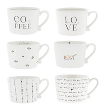 Set of 6 Cups, Mugs Font Mix White Black 270ml Ceramic Bastion Collections