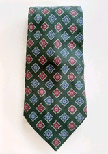 VINTAGE HARRODS 100% SILK GREEN GEOMETRIC TIE - MADE IN ENGLAND BY MICHELSONS