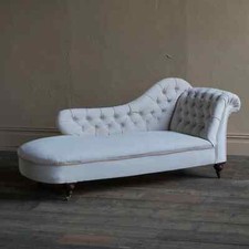 Antique Chaise Longue - Pearl Velvet Ebonised Legs on Castors Deep Buttoned Back