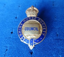 Blue enamel & gilt metal Shire Horse Society badge. Council. Kings Crown. Heavy.