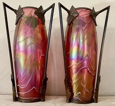 Art Nouveau Bohemian Kralik Loetz Ruby Iridescent Glass Bronze Vases Pair 11.5”