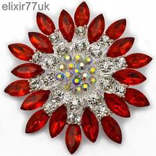 NEW 2.8" LARGE SILVER FLOWER BROOCH RED DIAMANTE CRYSTAL BRIDAL PARTY PIN BROACH