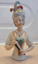 Unusual 1920s German half doll w headband holding a folded fan!