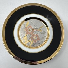 Art Of Chokin 24KT Gold Edged 6” Black Plate Saucer Humming Bird Japan