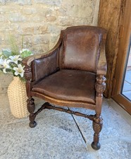Antique Oak Leather Armchair Occasional Chair - Re-upholstered