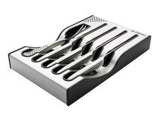 NEW IN BOX... GLOBAL G-88/4012... 8 PIECE STEAK KNIFE & FORK SET WITH HOLDER.