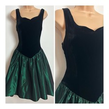 Vintage 80s Black & Bottle Green Velour & Taffeta Xmas Party Prom Dress Size 8