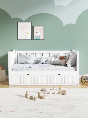 White wooden trundle bed - trundle,