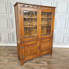 Antique Style Jaycee Oak Leaded Glass Bookcase Cabinet Jacobean Display Shelves