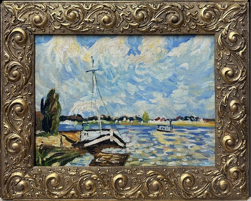 Riverscape sky boat oil - riverscape,