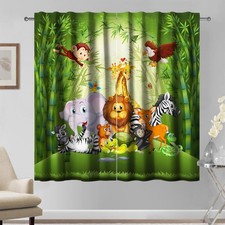 117x138cm Kids Curtains 2 Panels, Green Bamboo Forest Safari Animals Elephant L