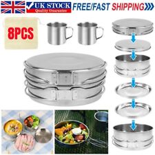 Camping Outdoor Cookware Mess Kit 8x Stainless Steel Cooking Pot Fry Pan BBQ Set