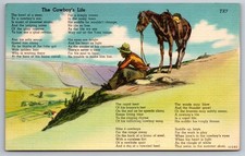 Postcard TX The Cowboys Life Poem Cowboy Horse Desert Linen Vintage PC M6981