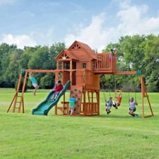 Outdoor Garden Wooden Play Centre Belt Swing Set Wavy Slide Rock Wall Club House