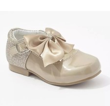 GIRLS  MARY JANE SHOES SATIN BOWS CAMEL PATENT OCCASION WEDDING KIDS UK 9