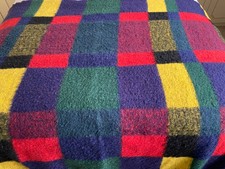 VINTAGE 50's MULTI COLOUR SQUARE PATTERN SCANDINAVIAN PURE WOOL BLANKET 88 X 55"