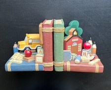 Vintage Teacher ABC School House Library & School Bus Heavy Bookends