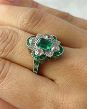 Art Deco Style Green Emerald Lab Created Diamond 14K White Gold FN Wedding Ring