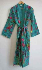Handmade Green Bird Print Kimono Winter Jacket Kantha Robe Vintage Dressing Gown