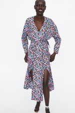 Zara Floral Crossover Midi Dress With Belt M