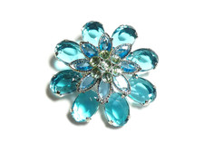 Large 3D Layered Aqua Blue & Pale Green Faux Crystal Glass Floral Cluster BROOCH