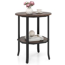 Industrial Round Side Table 2-Tier Accent Table with Metal Frame Brown