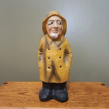 VTG Ceramic Fisherman Sea Captain Figurine Yellow Rain Jacket Coin Bank, 8.5”
