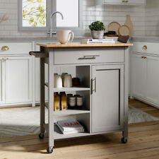 Kitchen Island Rolling Storage Trolley Cart Wooden Countertop 2 Doors Cupboard