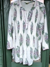 EAST Organic Cotton Cream Block Print Floral TUNIC Top Blouse Pin Tuck Size 10