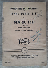 Villiers Mark 13D 122cc Motor Cycle Engine Parts List  Instruction Handbook 1954