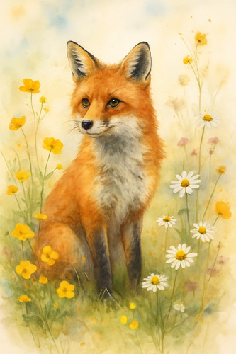 Fox wildflowers watercolour - fox, in