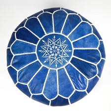 Blue Moroccan Leather Pouf – Handmade Ottoman Footstool –Premium Genuine Leather