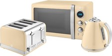 Swan Retro Jug Kettle, 4 Slice Toaster & Digital Microwave Cream Vintage Set