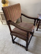 *Antique Barley Twist Walnut Wooden Armchair w/Striped Fabric Seat, Great Shape!