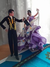 Vintage  Spanish Flamenco Dancers Female & Male Doll 1970s Lilac Spots Dress 