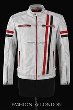 Mens Cafe Racer Vintage White Biker Red Black Stripes Real Leather Jacket 5033