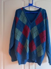 Pringle Vintage Argyle Jumper Size 2XL Blue Diamond Cotton V Neck Knit