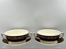 2x Crownford Burslem Cream Soup Bowl Sets • Twin Handles • Maroon & Gold . 1950s