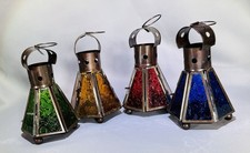 Set Of 4 Moroccan Lanterns Multi Glass Brass Metal Tealight Pillar Candle Holder