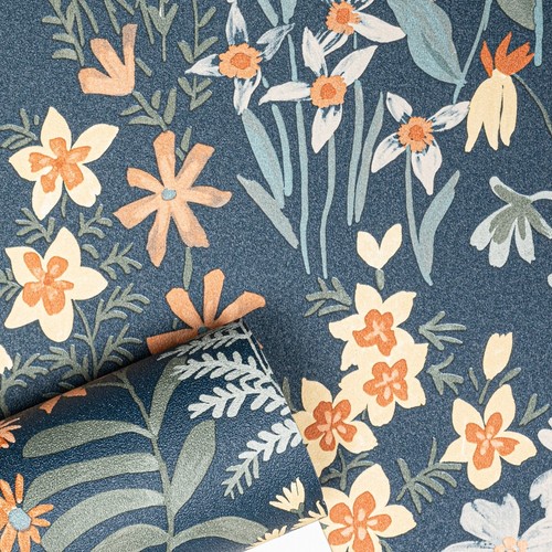 Navy floral leaf - navy, wallpaper