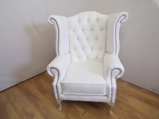 White Faux Leather Queen Anne Wing Chair 