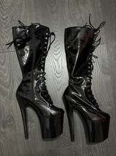 Pleaser Black Patent High Heel Stiletto Platform Knee High Boots Enchant 2023