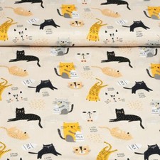 100% Cotton Fabric  Happy Cats yellow grey black on beige Width 160 cm (62") 