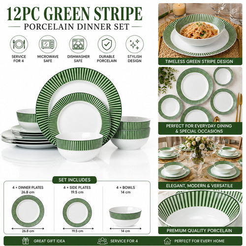 12pc green stripe porcelain - 12pc,